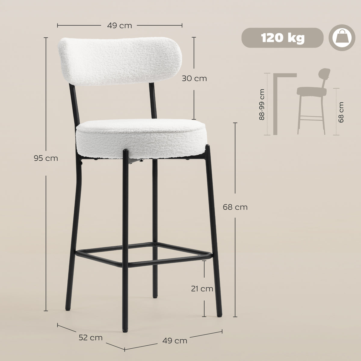 Lot de 2 tabourets de bar en tissu bouclette, chaises de bar avec dossier courbé, repose-pieds, 49x52x95cm, crème