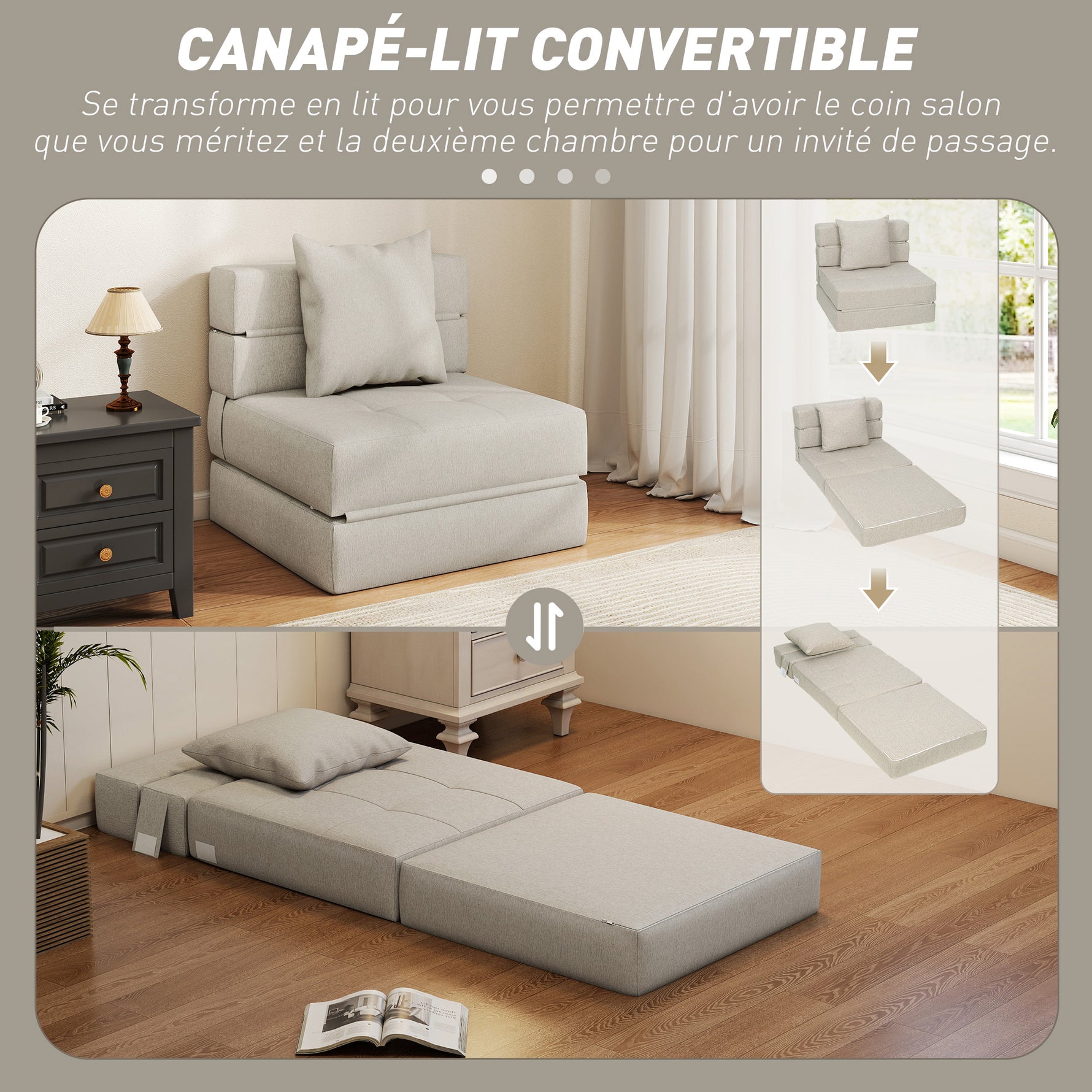 Chauffeuse canapé-lit convertible fauteuil 1 place avec 1 coussin déhoussable, tissu beige