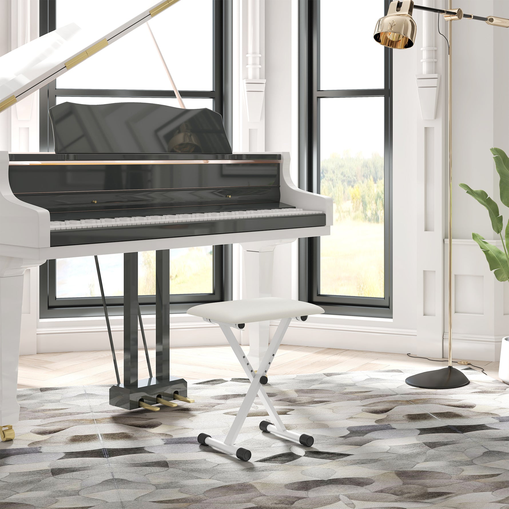 Tabouret piano pliable, banc piano réglable en hauteur, siège rembourré en PU, 39 x 29 x 37-47 cm, blanc