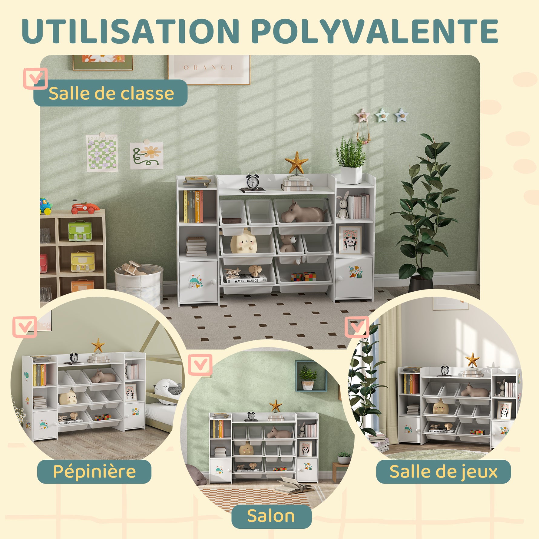 Meuble rangement enfant, étagère de rangement pour jouets enfants avec 8 bacs amovibles, 140 x 30 x 90 cm, blanc