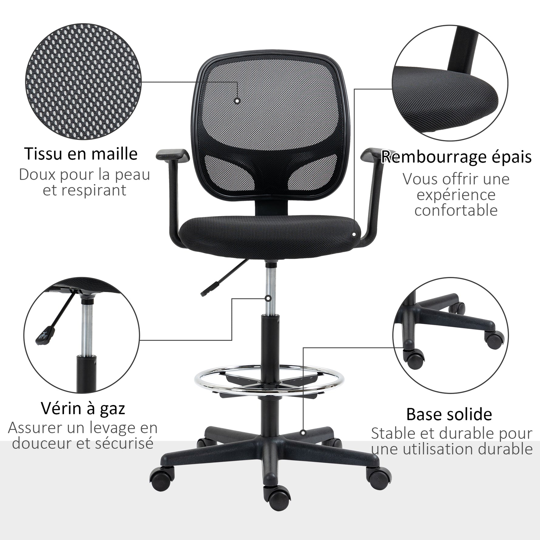 Chaise bureau ergonomique, chaise de dessin, repose-pieds, dossier en maille, hauteur réglable, 64x57x110-132cm, noir