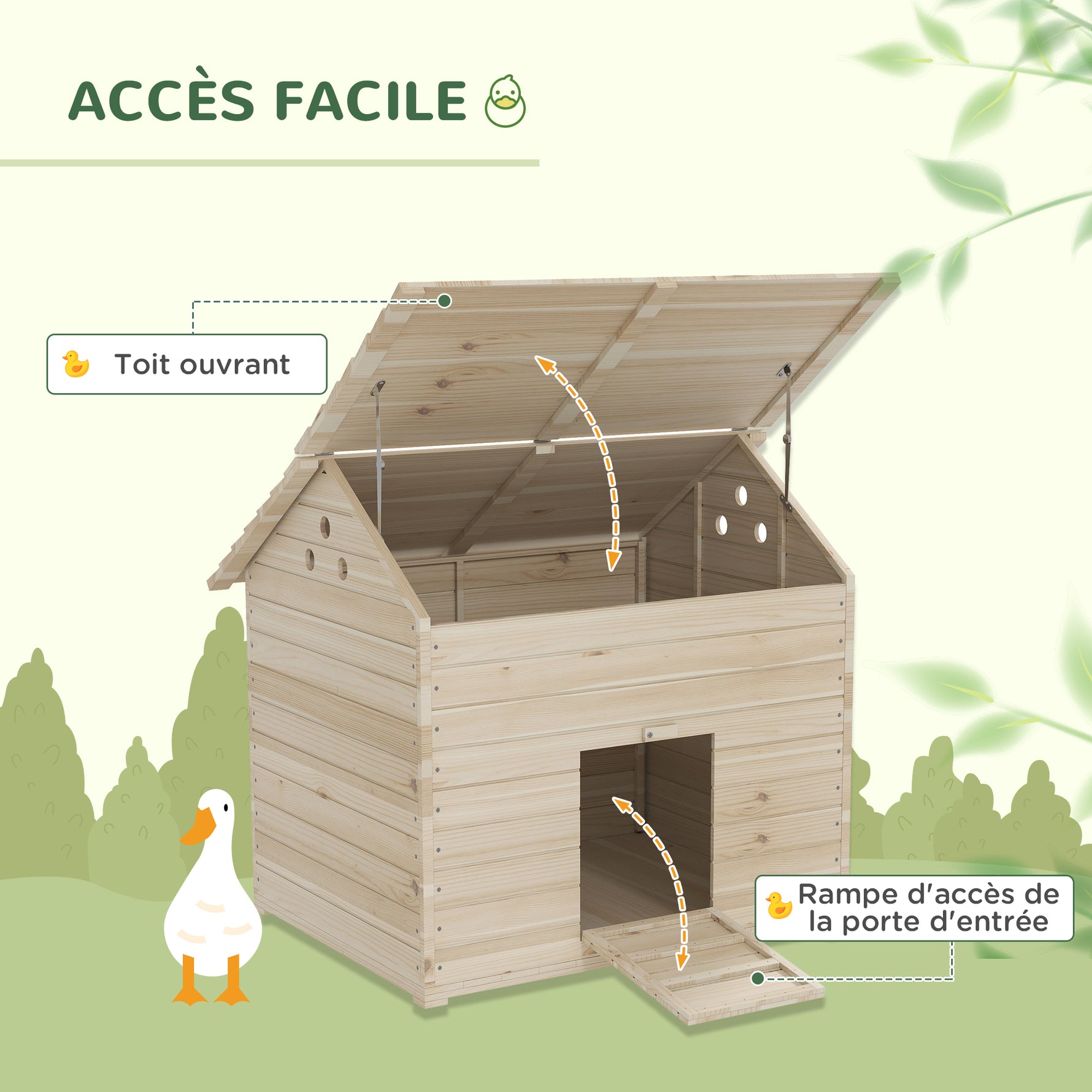 Abri pour canards maison pour canards avec toit ouvrant ventilation et porte-rampe 100 x 82,5 x 91 cm bois naturel