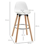 Lot de 2 tabourets de bar, chaises de bar en PU avec dossier et repose-pieds, assise rembourrée 69 cm, pieds en bois, style moderne, tabourets hauts pour cuisine, salle à manger, salon, blanc