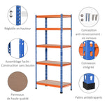Étagère en métal de garage 5 niveaux capacité 1500 kg 80 x 40 x 182 cm bleu orange