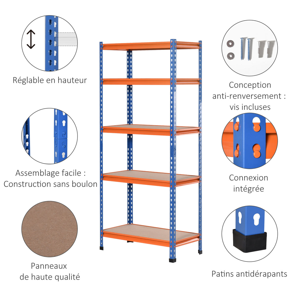 Étagère en métal de garage 5 niveaux capacité 1500 kg 80 x 40 x 182 cm bleu orange