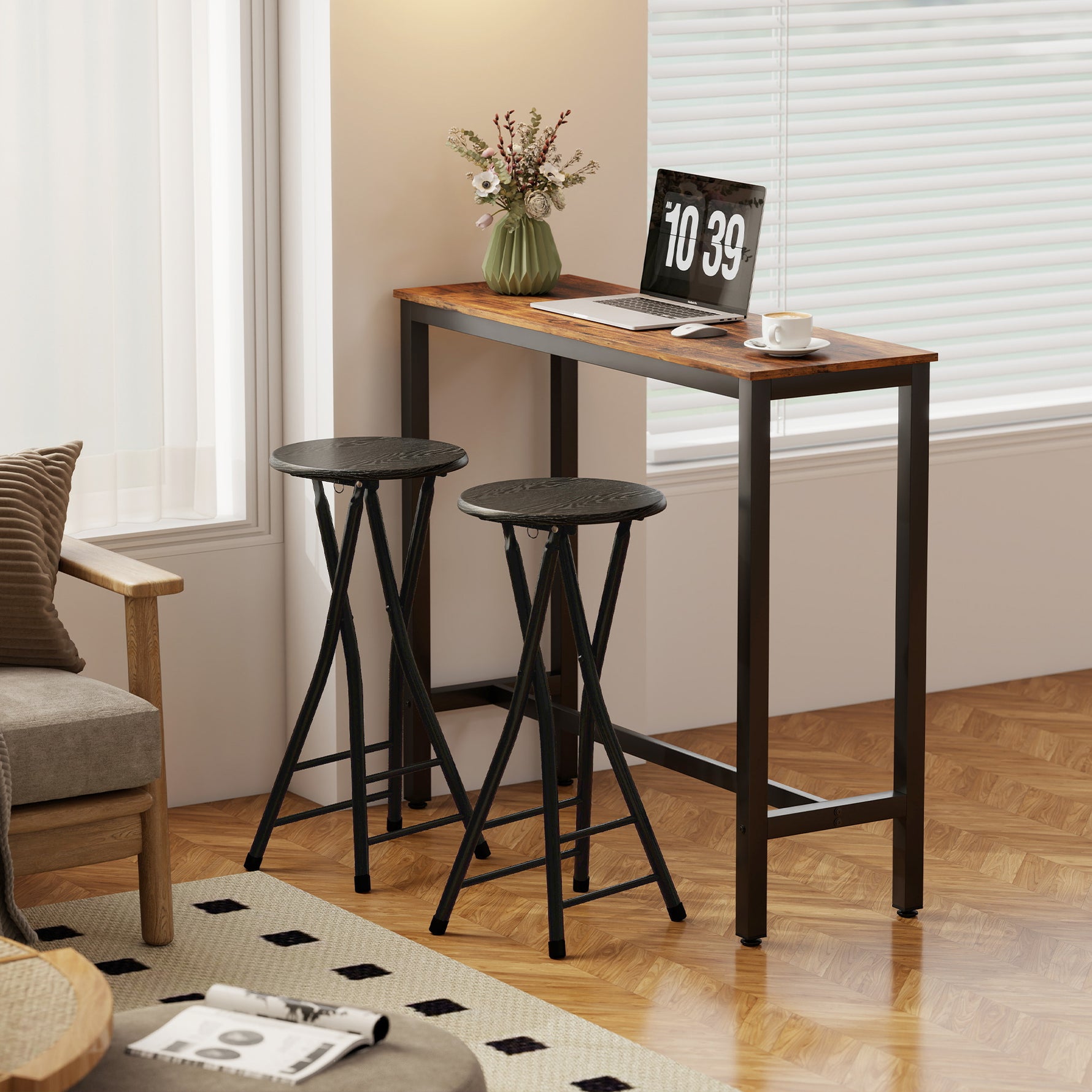 Lot de 2 Tabourets de Bar Pliables, Chaises de Bar Ronds avec Double Repose-Pieds, Cadre en Acier, Noir