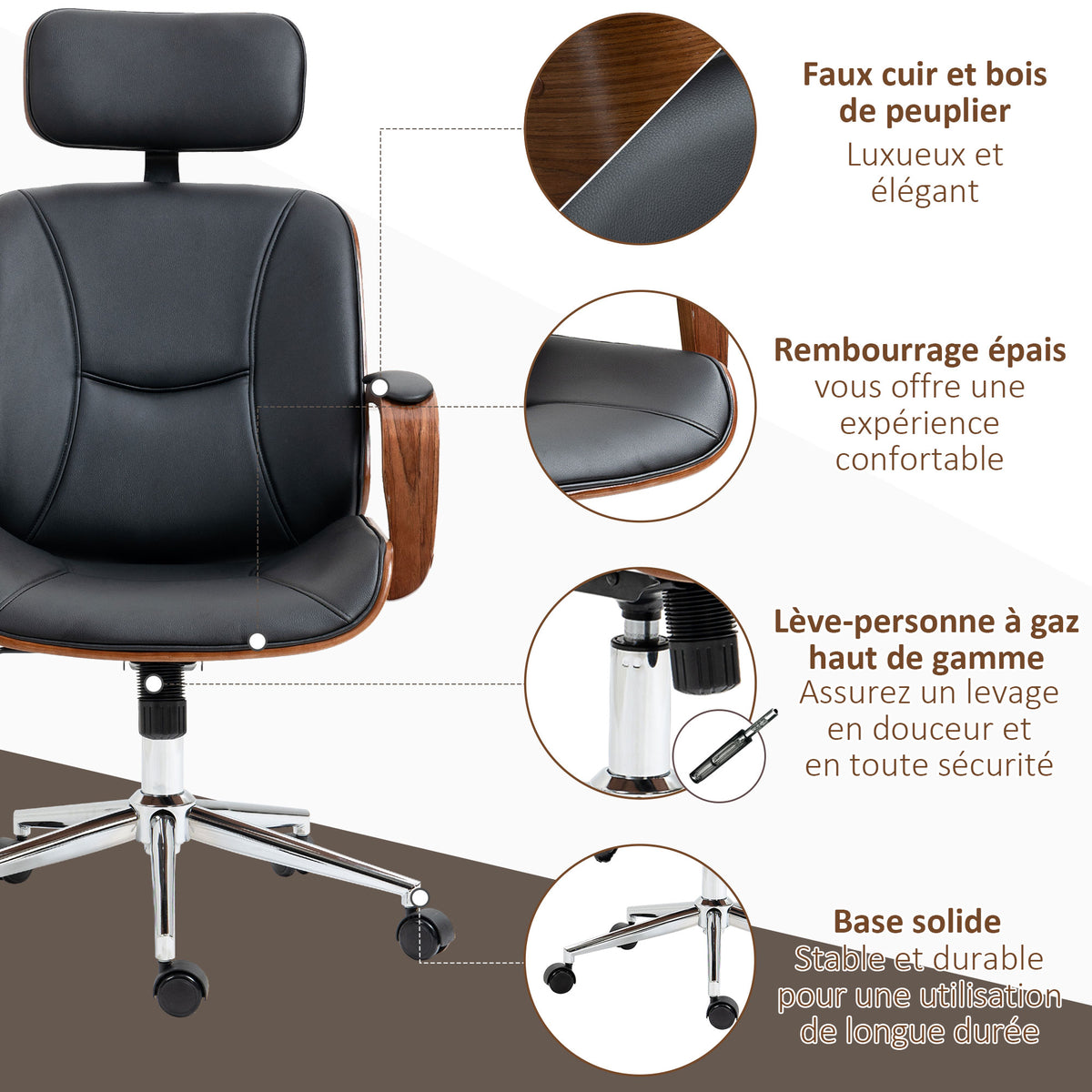 Fauteuil de bureau, chaise de bureau avec appui-tête amovible hauteur réglable et fonction de bascule, 66x65x125cm, noir