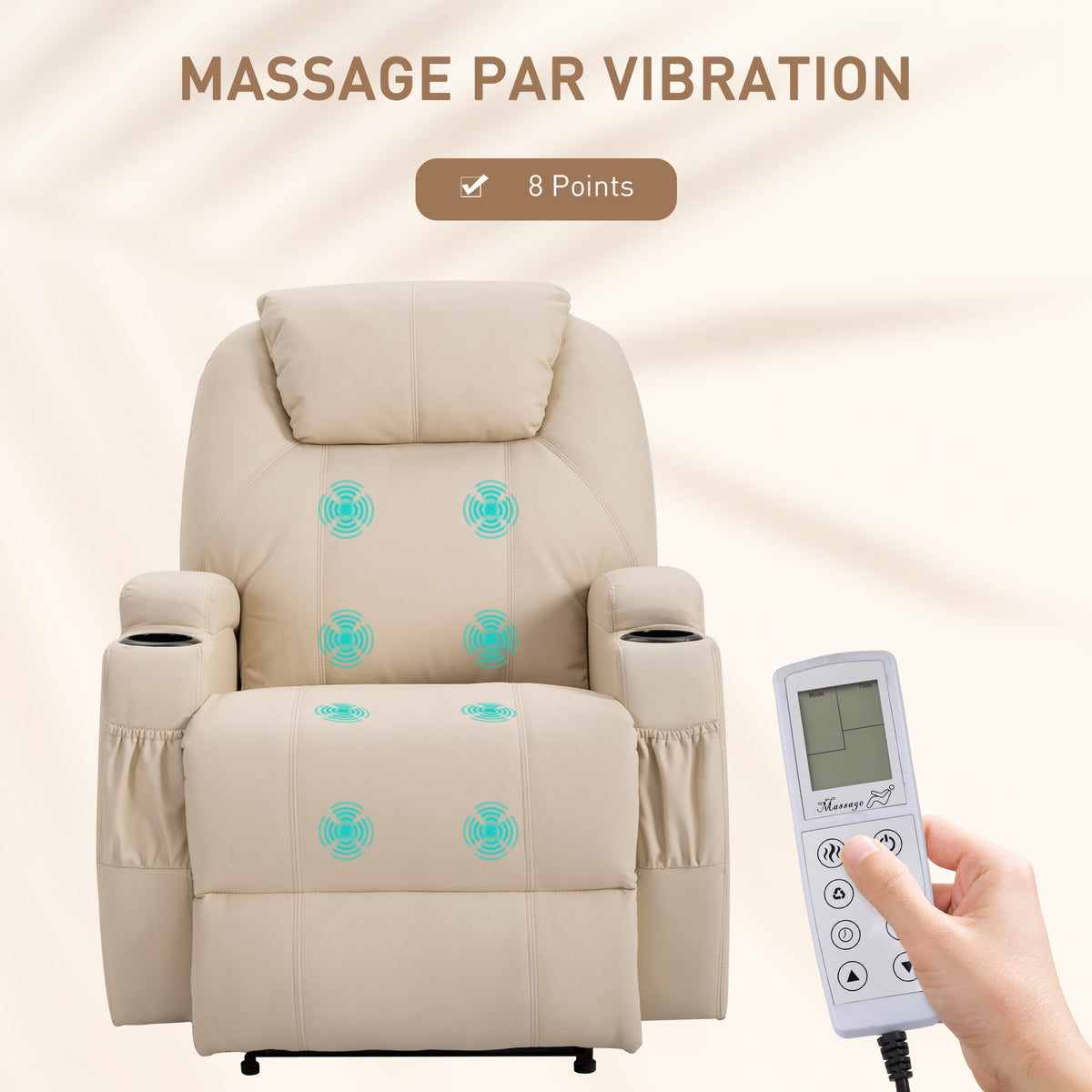 Sillón de lujo de relax y masaje, reclinable, con reposapiés eléctrico y tapizado sintético color crema