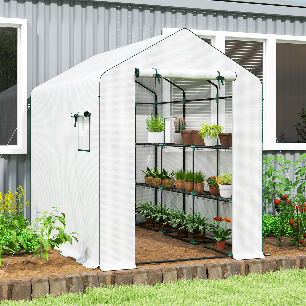 Serre de jardin 3 m² avec étagères 3 niveaux, PE renforcée 135 g/m² anti-UV, porte enroulable et fenêtres en maille
