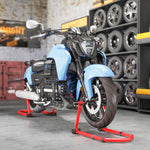 Cavalletto Moto, Capacità 390 kg, Supporto Anteriore e Posteriore Regolabile con Forche a U+L, Morsetti di Fissaggio, 43x36x64cm, Rosso