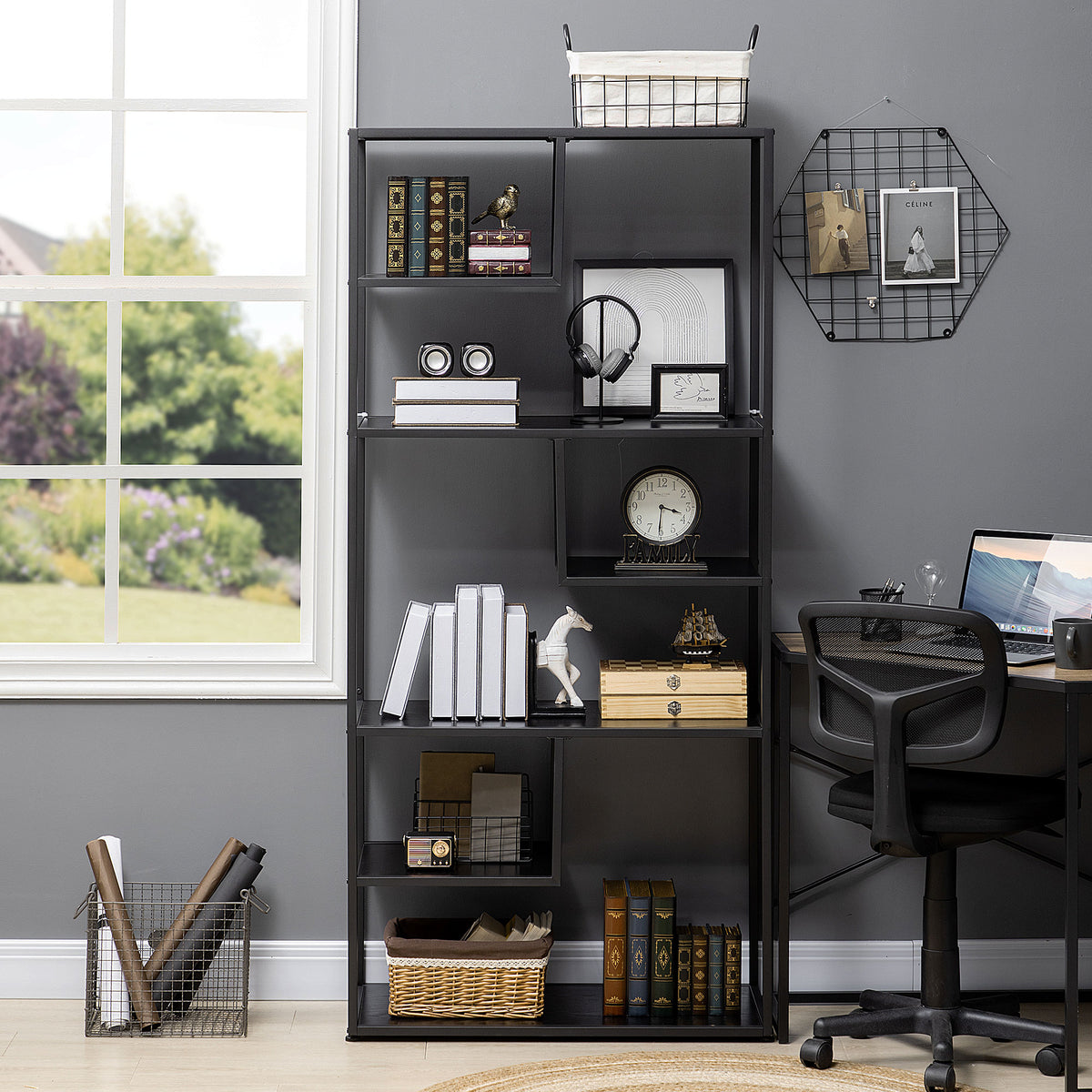 Bibliothèque étagère de rangement à 7 niveaux cadre en acier style industriel 83 x 34 x 180 cm noir