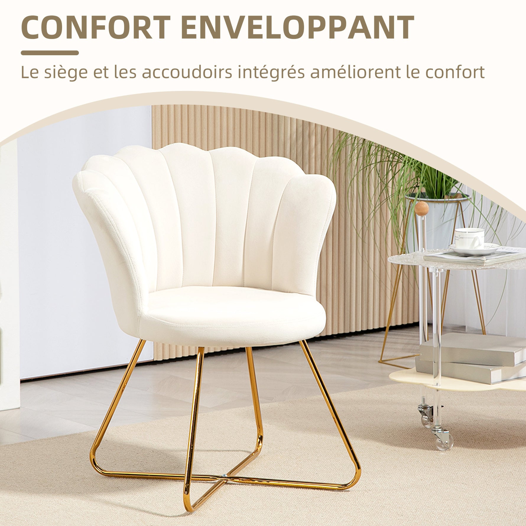Fauteuil coquillage chaise coiffeuse fauteuil en velours fauteuil de salon avec pieds en acier 69 x 64 x 80 cm crème