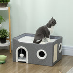 Niche Chat Interieur Pliable avec Griffoir, Lit Surélevé, Entrées, Jouet Suspendu, Coussin Réversible, 60x40x34cm, Gris