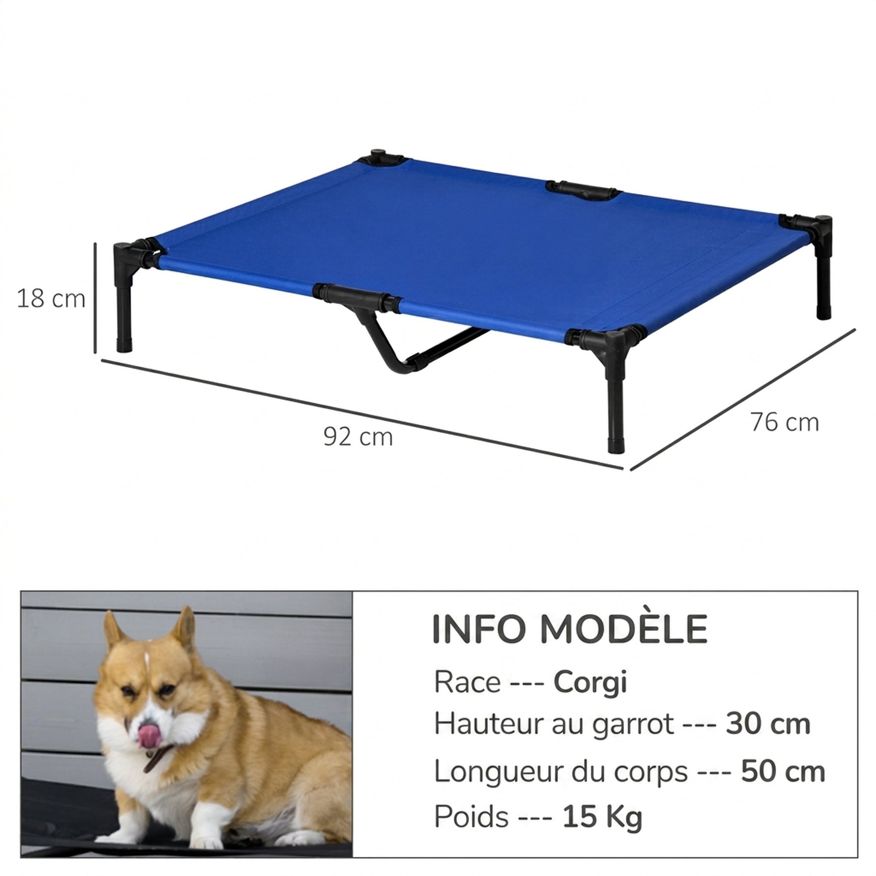 Lit surélevé pour chien lit surélevé rafraîchissant pour chien tissu Oxford sac de transport inclus 92 x 76 x 18 cm bleu
