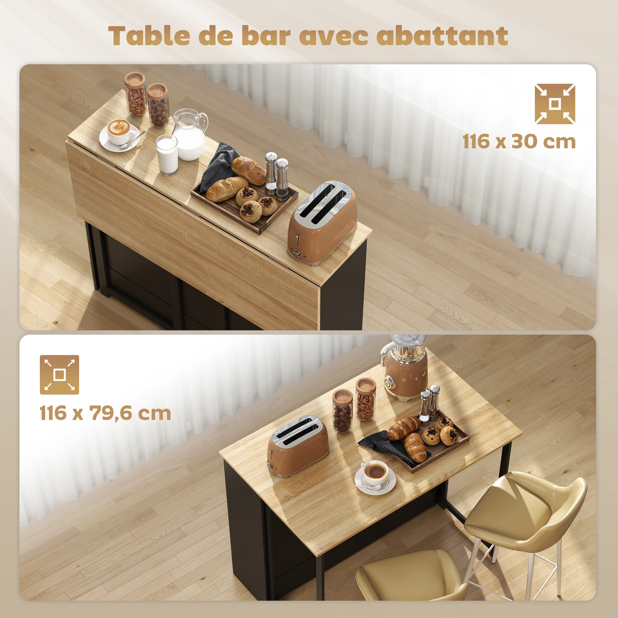 Table de bar extensible avec abattant, table haute cuisine, 1 placard et 4 compartiments ouverts, 116x79,6x90,5cm, noir