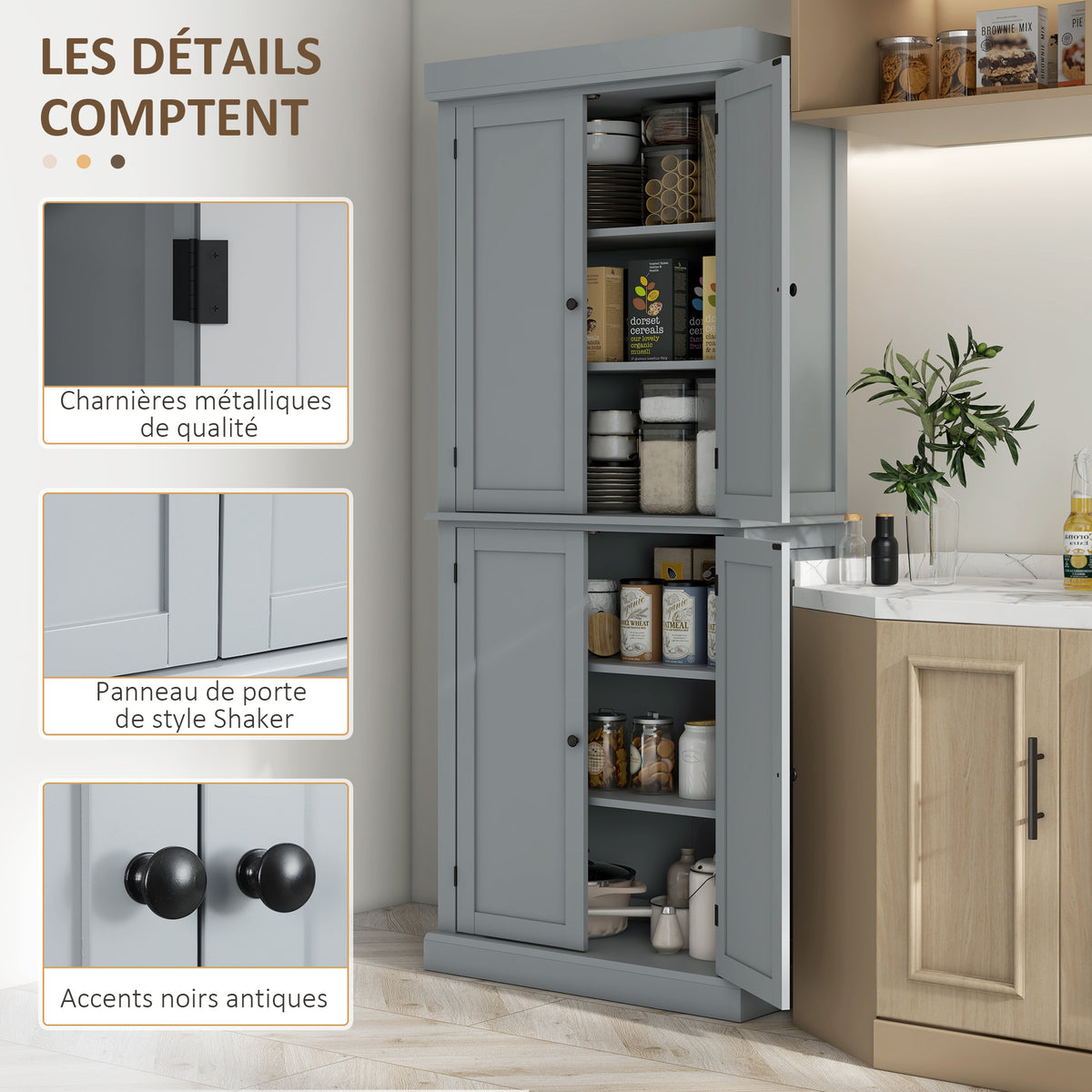 Armoire de cuisine buffet cuisine style moderne avec placards, étagères réglables, 76 x 40,5 x 184 cm, gris