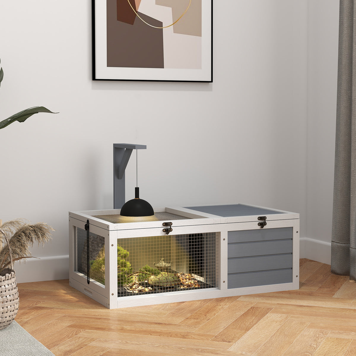 Maison enclos cage pour petit animal tortue avec 2 espaces support de lampe 81 x 48 x 31,5 cm gris