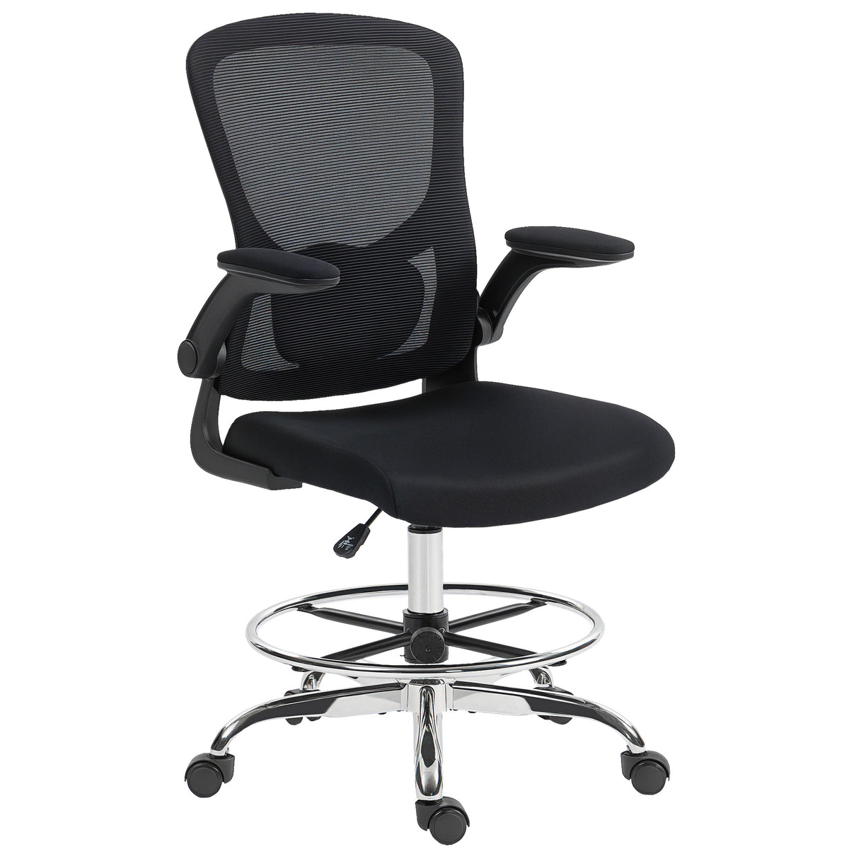 Chaise bureau ergonomique, chaise de dessin, support lombaire 4D, accoudoirs relevables, 60 x 60 x 108-132 cm, noir