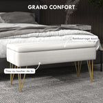 Banco baúl de almacenamiento 2 en 1 de tela con patas de horquilla de acero dorado 100 x 40 x 49 cm crema
