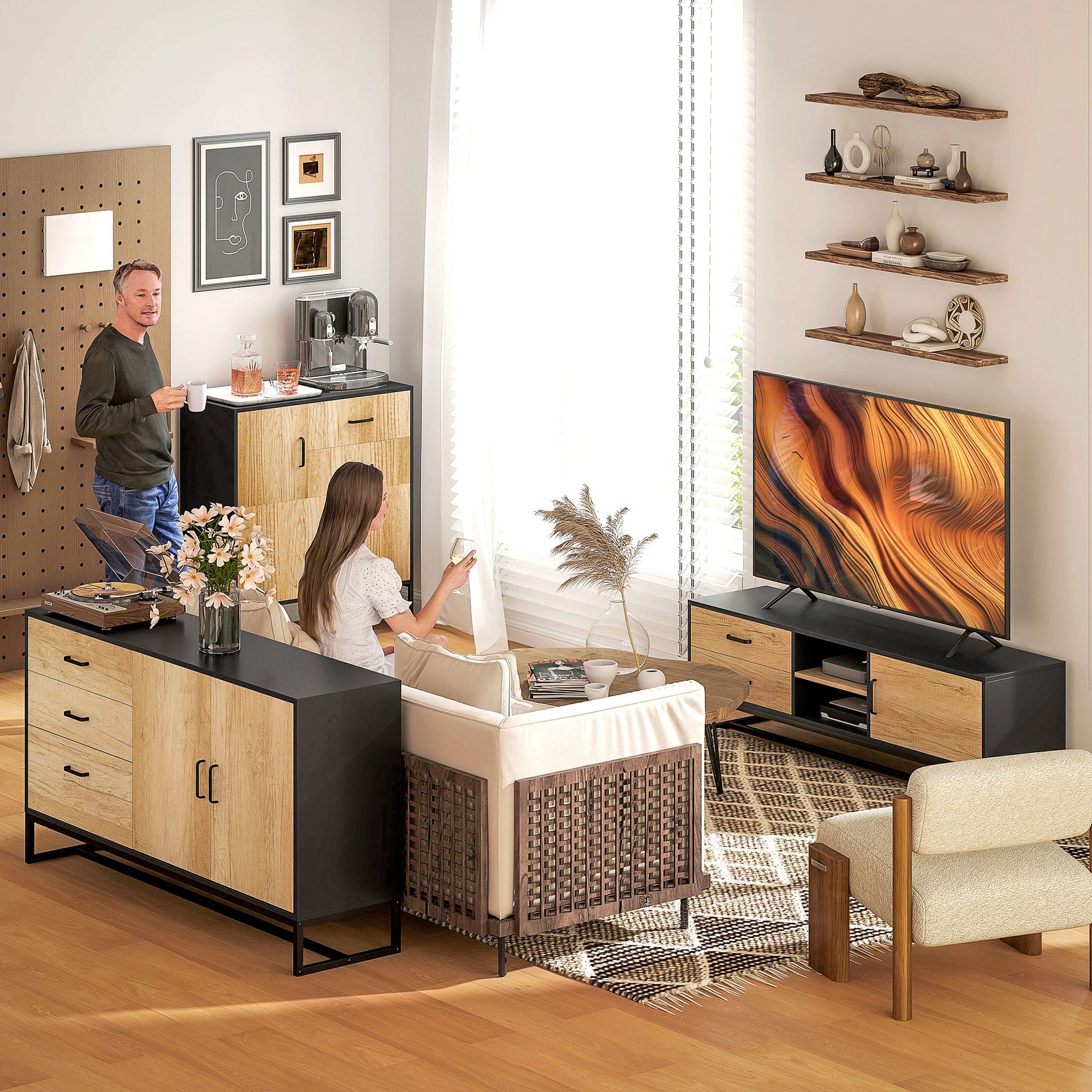 Buffet salon meuble de rangement avec 3 tiroirs et étagère réglable, pieds en acier, poignées en alliage d'aluminium