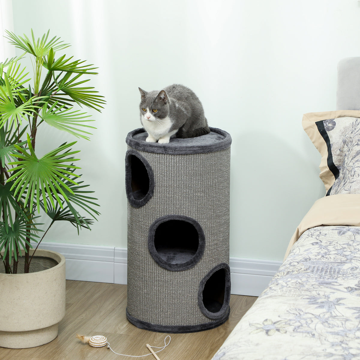 Krabton voor katten, sisal krabpaal met 3 niveaus bekleed met pluche, Ø 38 x 70 cm, lichtgrijs
