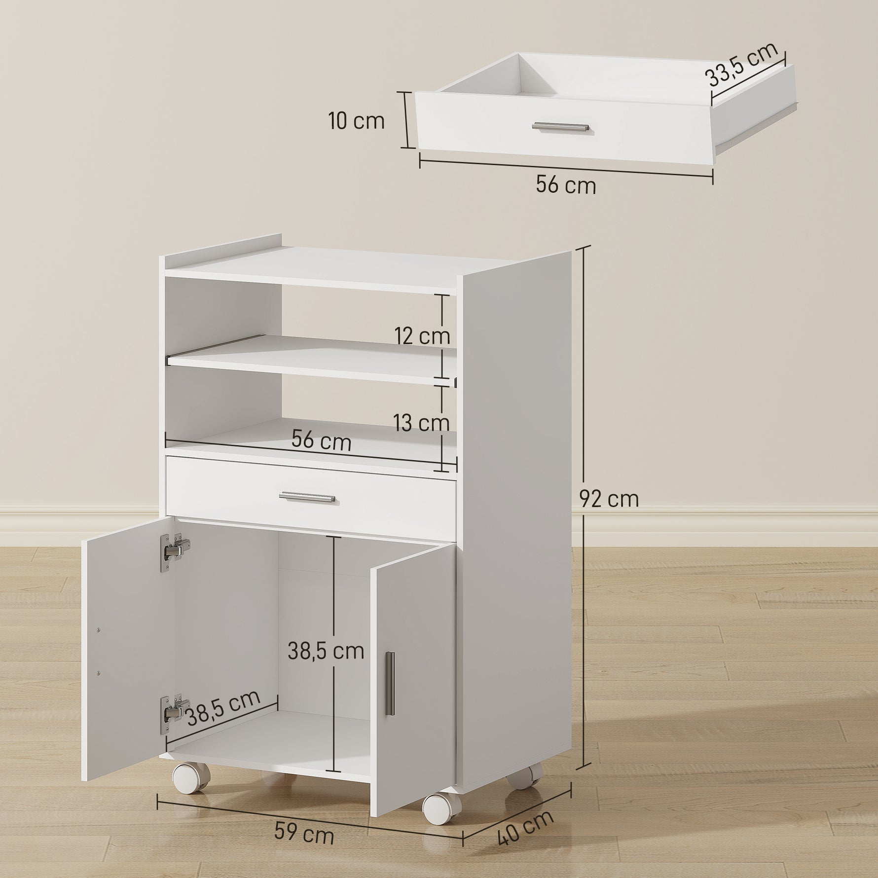 Chariot de cuisine sur roulettes, desserte micro-onde à roulettes avec placard tiroir étagères, 59 x 40 x 92 cm, blanc