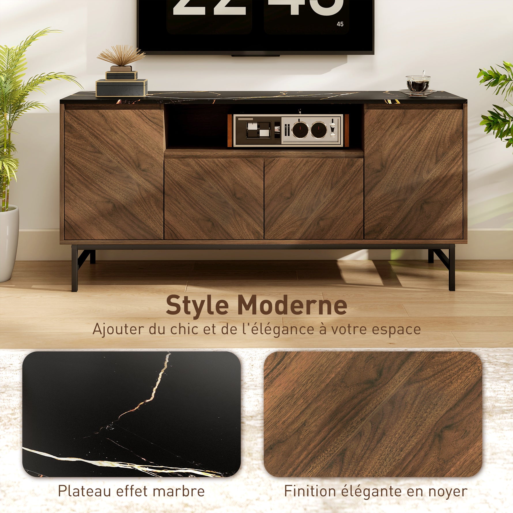 Meuble TV jusqu'à 65 pouces meuble télé bois avec compartiment ouvert et passe-câbles, effet marbre, 140x39x66cm, noyer
