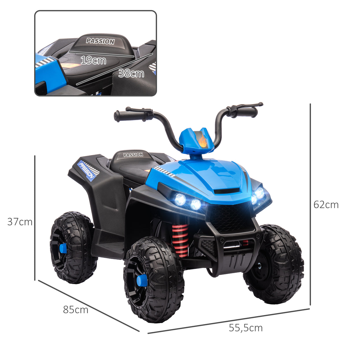 Quad électrique enfant 12 V voiture électrique 2 moteurs marche avant et arrière 37-60 mois 85 x 55,5 x 62 cm bleu