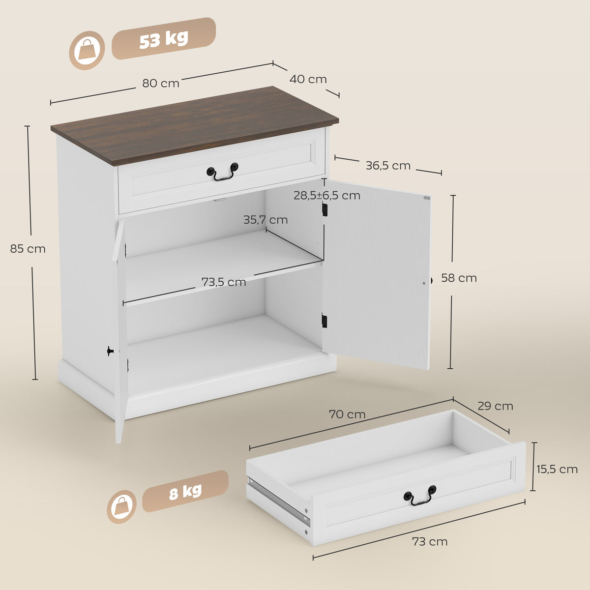 Credenza da soggiorno, mobile contenitore con 2 ante, cassetto silenzioso, ripiano regolabile, 80x40x85cm, bianco e marrone
