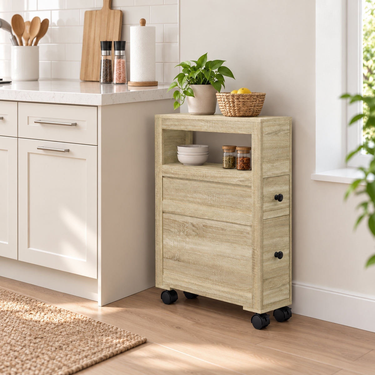 Badezimmer-Aufbewahrungsmöbel auf Rollen WC-Schrank Toilettenregal offenes Regal 2 Schubladen 16 x 52 x 71,5 cm Eiche