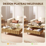 Table Basse Relevable avec 2 Compartiments Cachés et Latéraux Cannelés, Style Mid-Century Modern, 110x55x36,5cm, Chêne