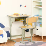 Bureau enfant Vintage style pupitre d'écolier - ensemble bureau et chaise réglable - case de rangement, bracket, range-stylos - acier kaki MDF aspect bois clair