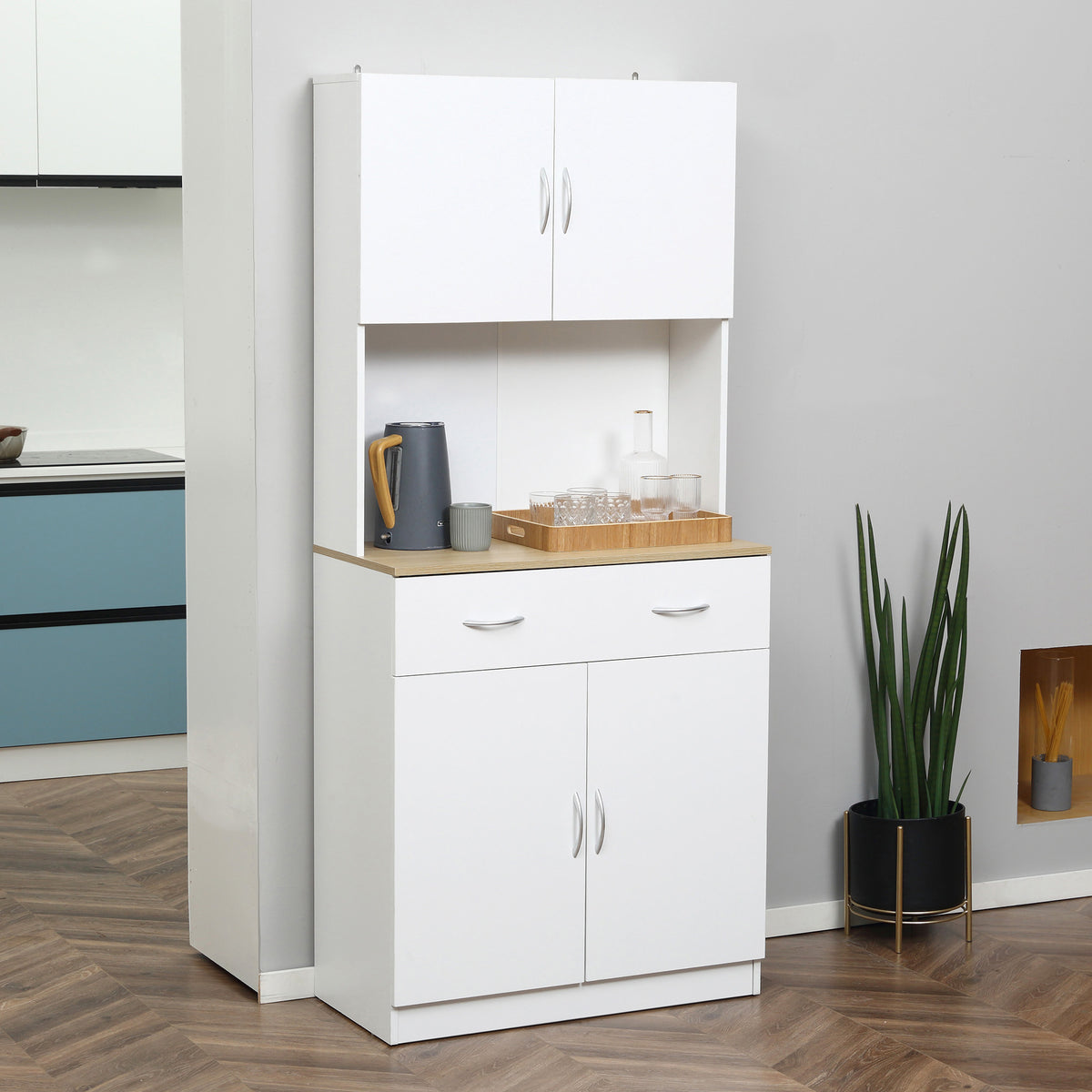 Credenza alta da cucina, armadio da cucina, 4 ante, cassetto, piano di lavoro e ripiani regolabili, 80x40x180 cm, bianco