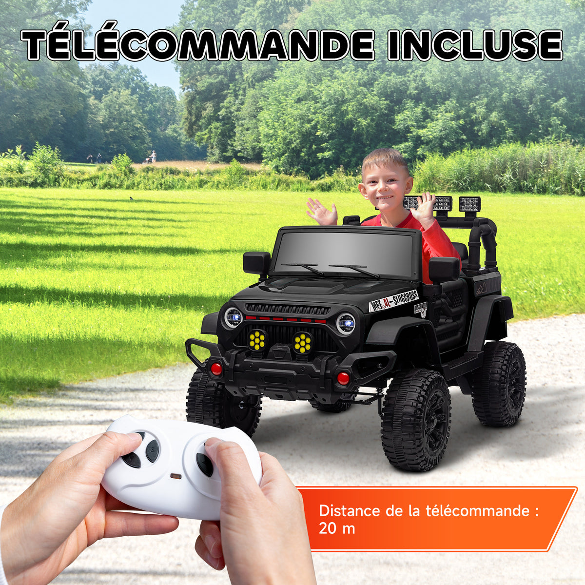 Voiture électrique enfants UTV avec télécommande 2,4G, 2 moteurs 12 V, musique, klaxon, lumières LED, 100x63x65cm, noir
