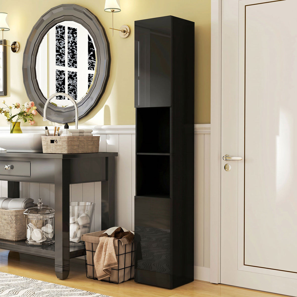 Meuble colonne de salle de bain 2 placards avec étagères réglables + 2 niches 30 x 30 x 181,5 cm noir