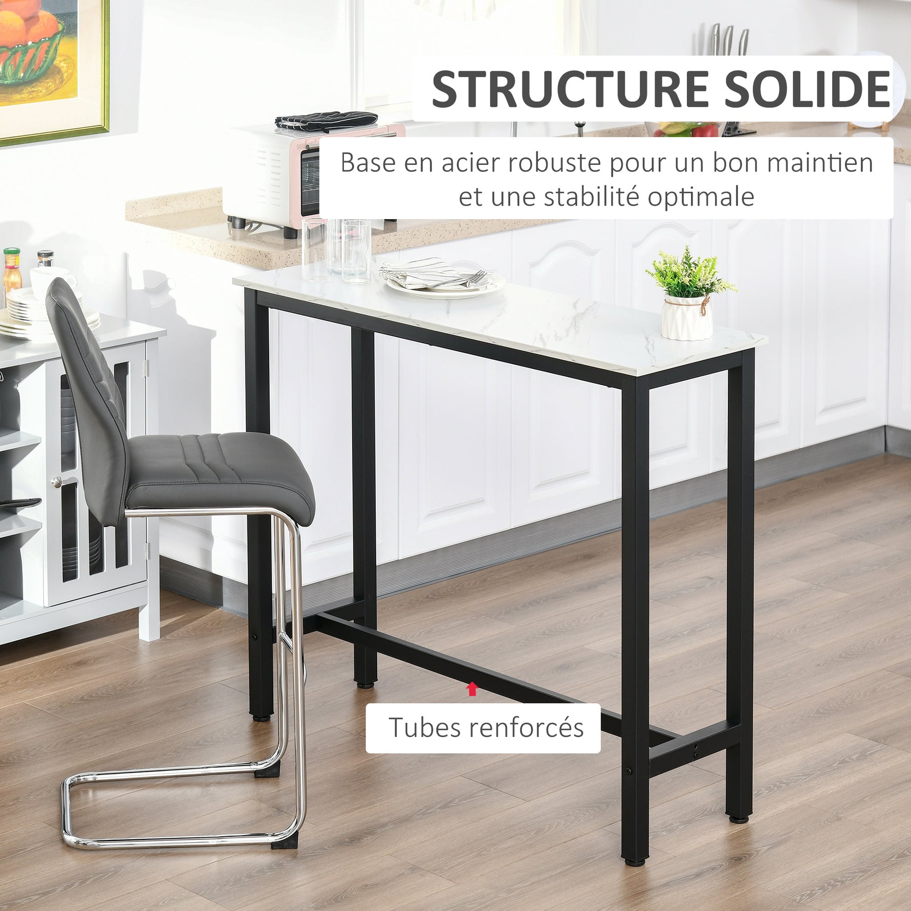 Table de Bar Table Haute de Cuisine Mange-debout - dim. 120L x 40l x 100H cm - châssis piètement Acier, Plateau Aspect marbre Blanc