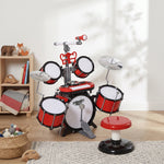 Kinderschlagzeug-Set mit Hocker, elektronischem Keyboard, Mikrofon, USB-Anschluss, 77,5x40x76,5 cm, Rot