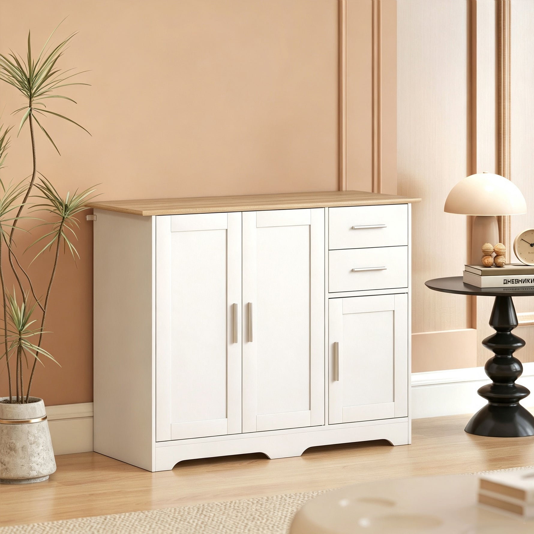 Buffet salon, meuble de rangement avec 2 tiroirs, 3 portes et étagère réglable, 100 x 40 x 78 cm, blanc et bois naturel