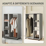 Armoire penderie meuble de rangement mobile 4 roulettes avec tringle à vêtements et étagères ouvertes, gris