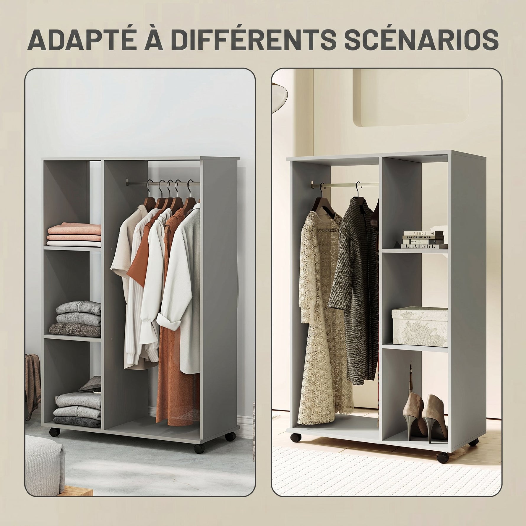 Armoire penderie meuble de rangement mobile 4 roulettes avec tringle à vêtements et étagères ouvertes, gris