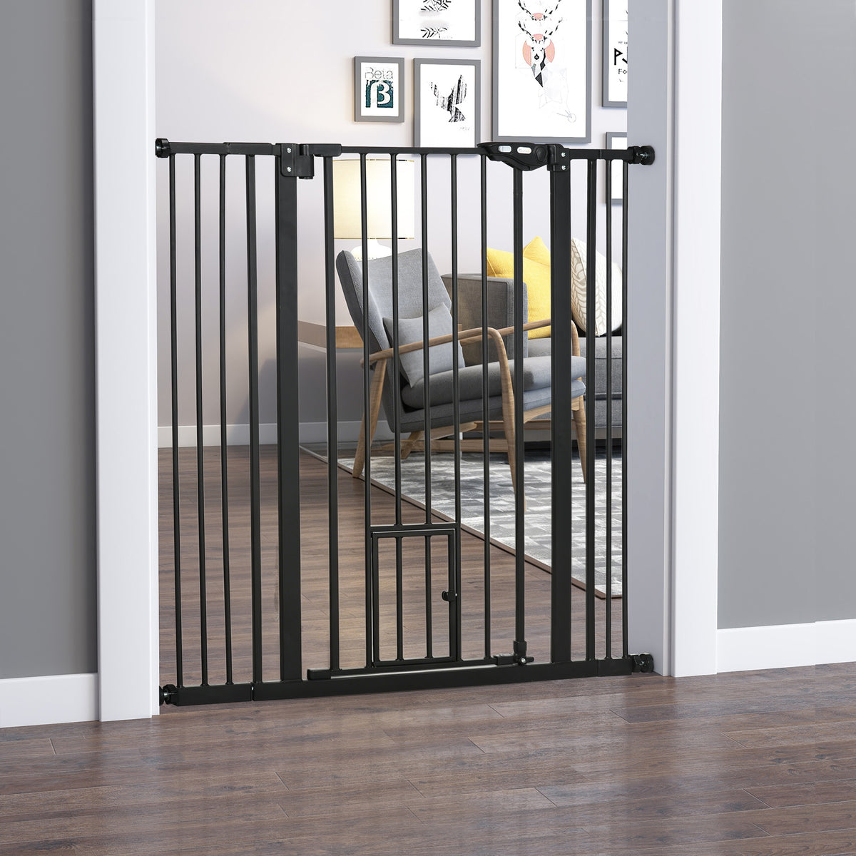Barrière de sécurité animaux de 104,1H cm avec porte fermeture automatique système de double verrouillage noir