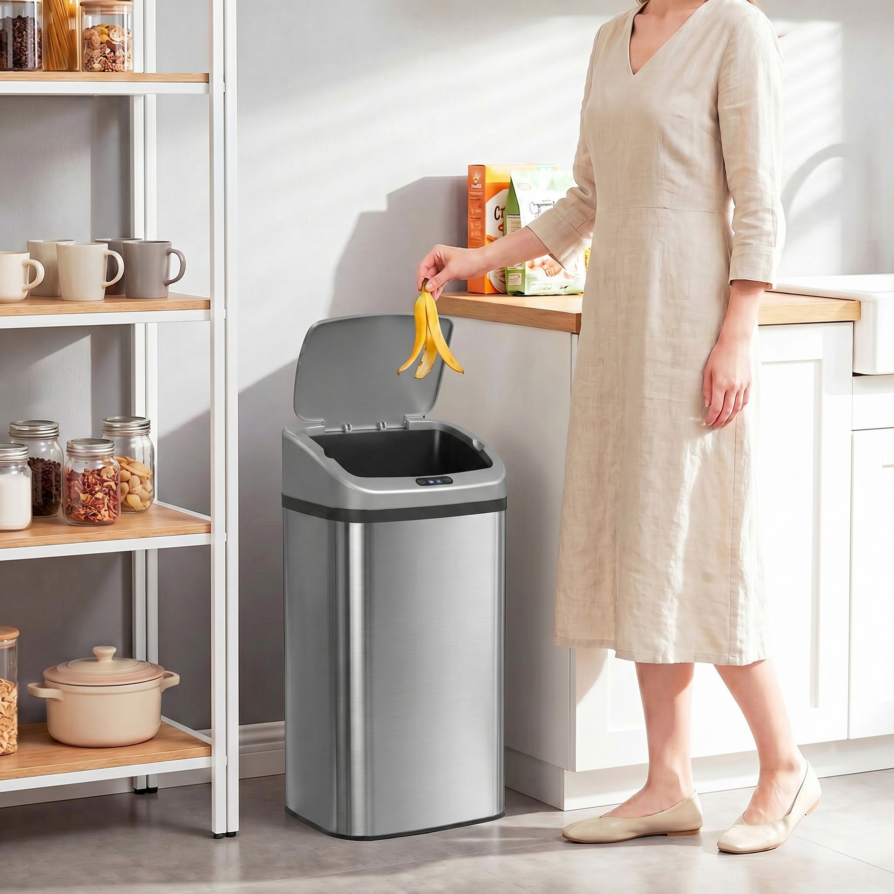 Poubelle de cuisine automatique 48L en acier inoxydable, couvercle à fermeture en douceur, 33x25x69cm, argent