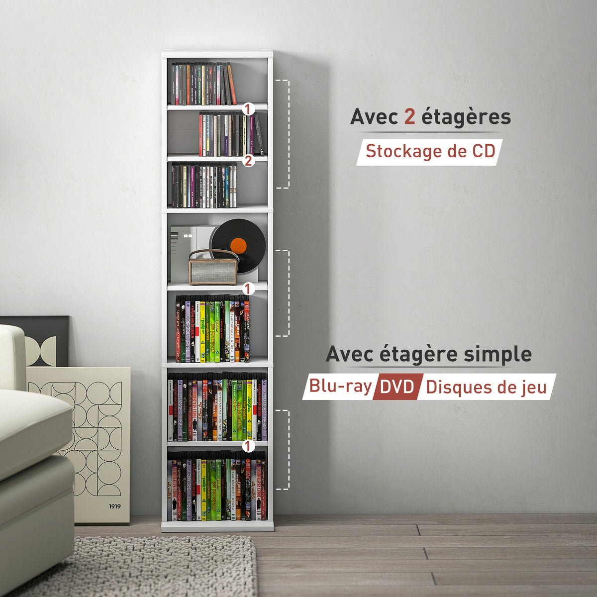 Rangements pour CD et DVD 9 compartiments et 6 étagères réglables capacité max. 260 CD/120 DVD 33 x 24 x 140 cm blanc