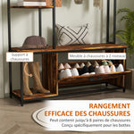 Porte-manteau avec étagère à chaussures 10 crochets, 3 étagères, armoire à chaussures rabattable 2 niveaux, marron