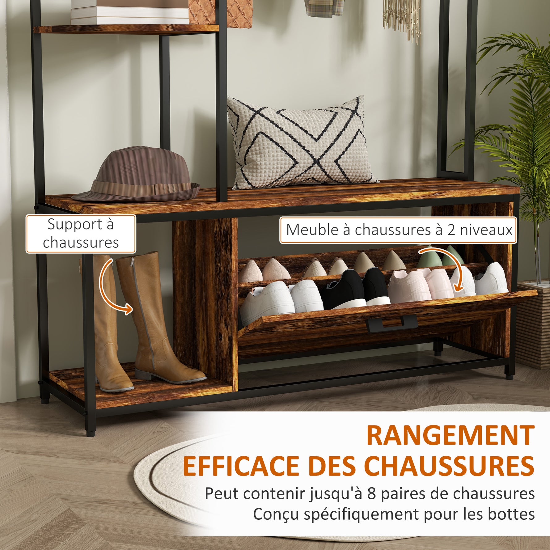 Porte-manteau avec étagère à chaussures 10 crochets, 3 étagères, armoire à chaussures rabattable 2 niveaux, marron
