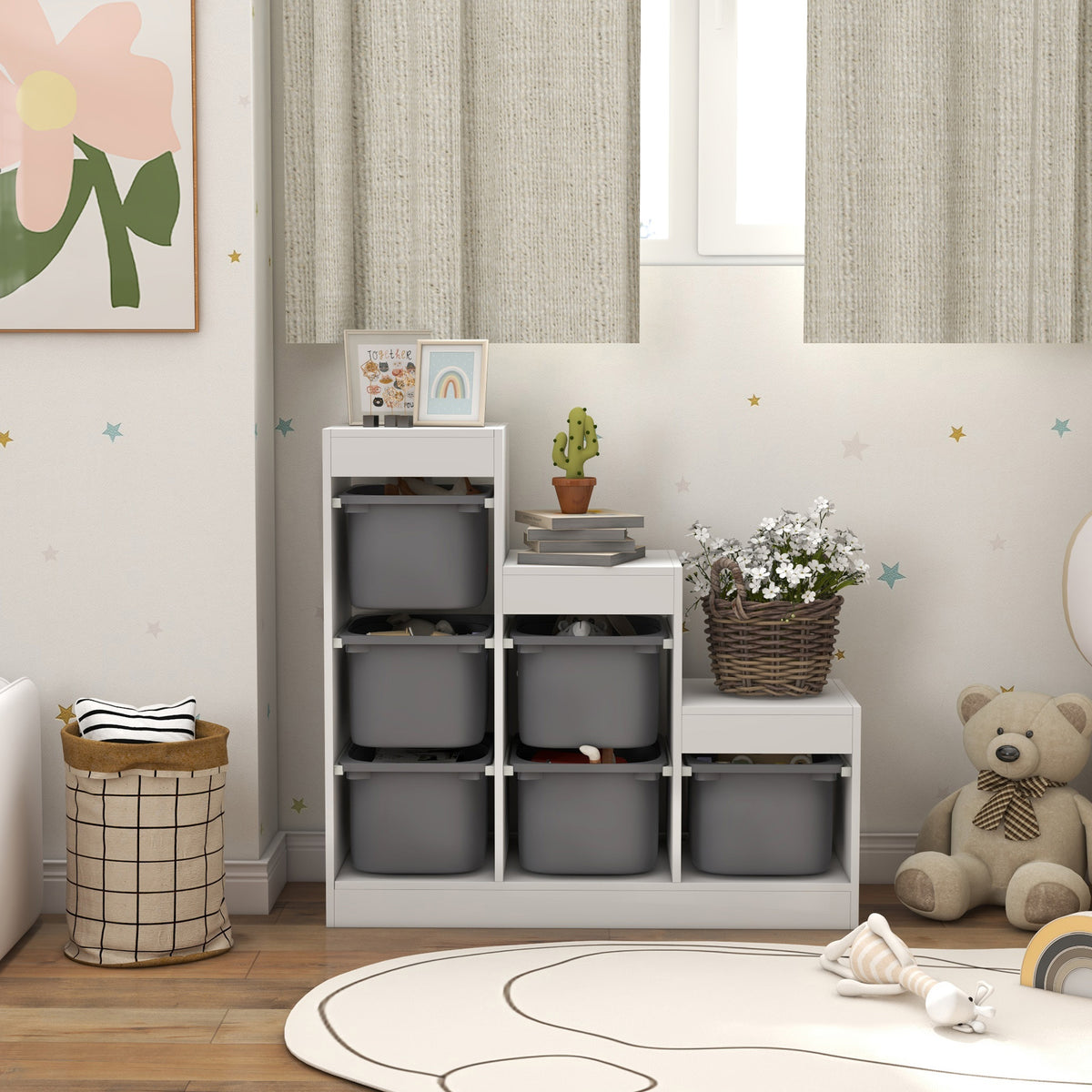 Children's toy storage unit with 6 removable bins, 3 storage levels, 96 x 38.5 x 90, grey