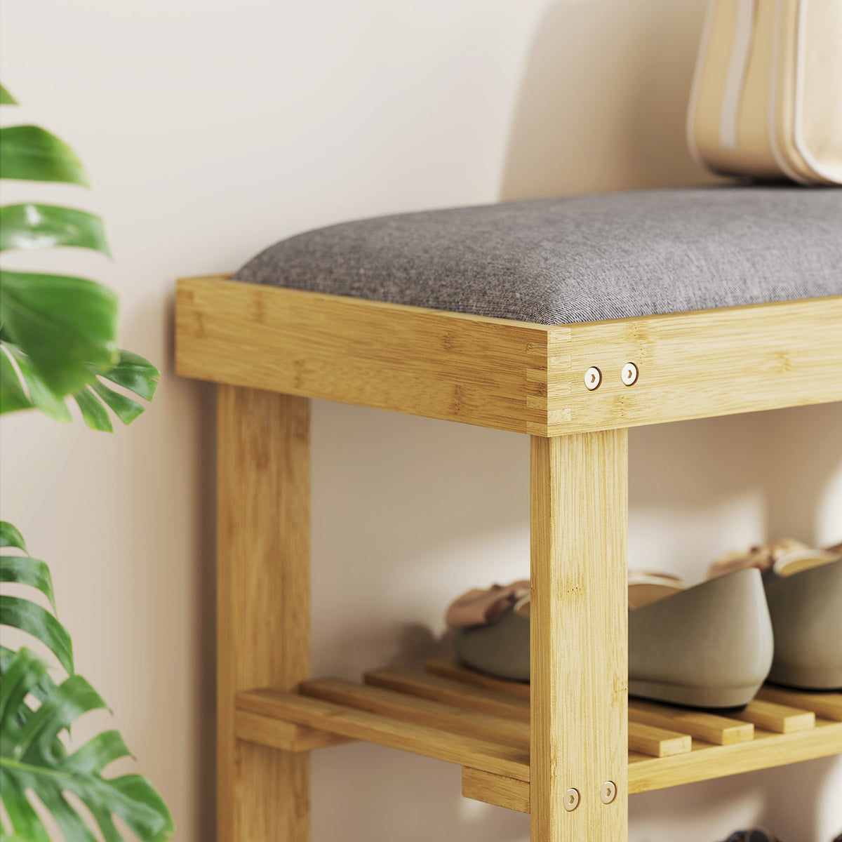 Banc à chaussures en bambou, étagère à chaussures à 3 niveaux, style scandinave, 60 x 29 x 49 cm, gris et bois naturel
