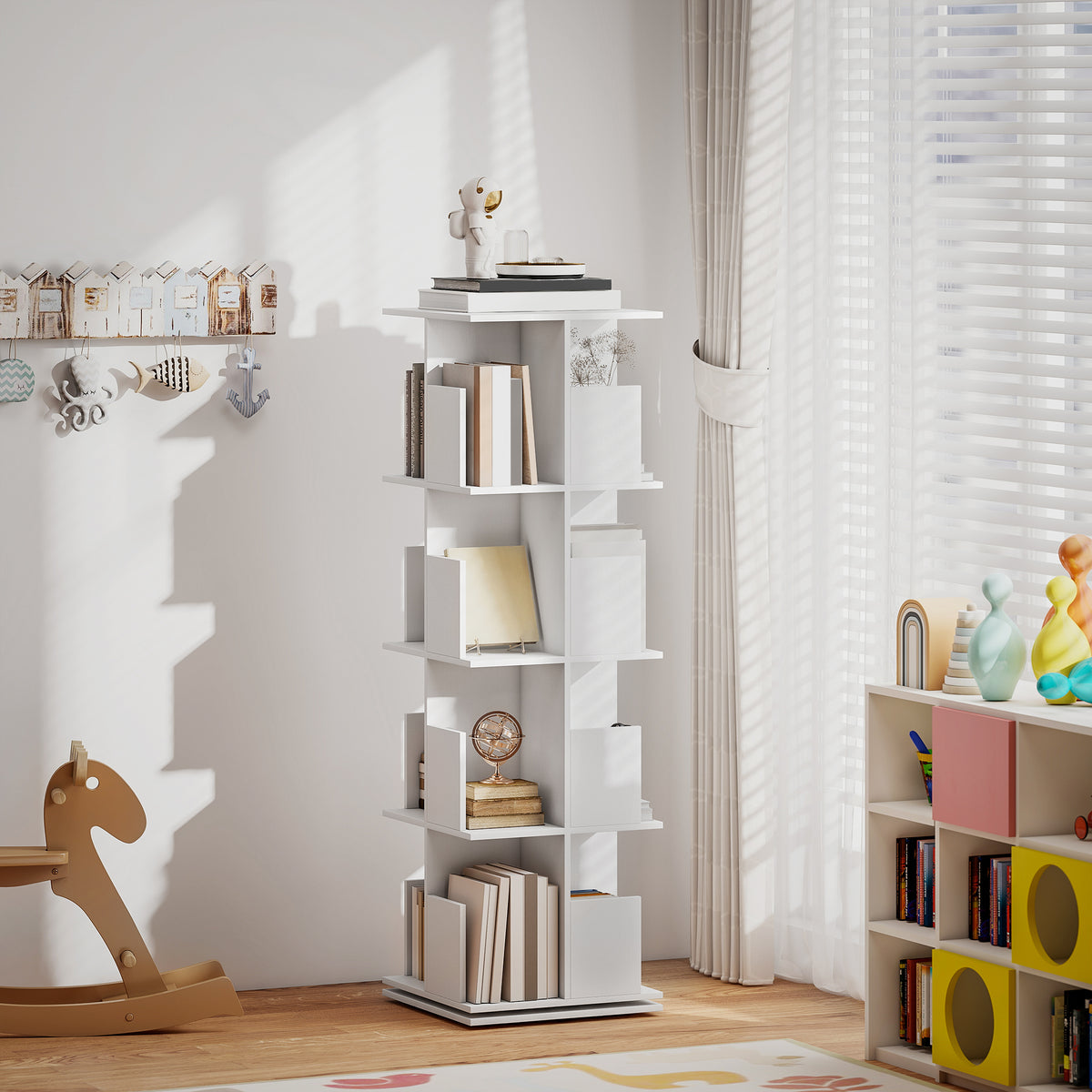 Draaibare boekenkast met 4 niveaus, opbergrek met 16 vakken, 39 x 39 x 128,3 cm, wit