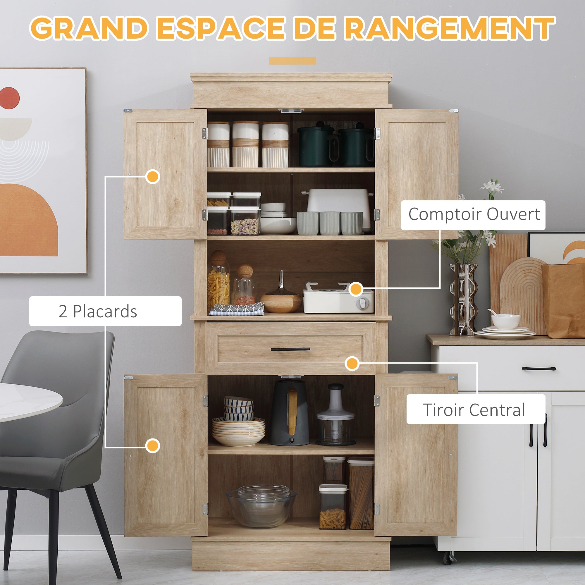 Modern kitchen pantry cupboard, sideboard, china cabinet, storage unit with cabinets, adjustable shelves, drawer, and open compartment, for dining room, living room, 74 x 39.5 x 183 cm, light oak