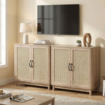 Buffet salon, meuble de rangement avec 2 portes en rotin, étagère réglable et bords arrondis, 76 x 35 x 75,5 cm, chêne